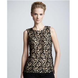 Neiman Marcus Leila Rose Black Floral Lace Sleeveless Top Small